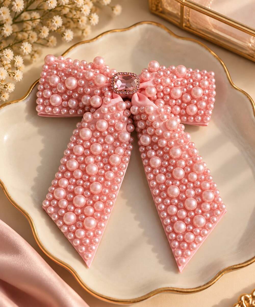 Coquette Pearl Statement Bow Pink Jeweled Hair Clip Romantic Feminine